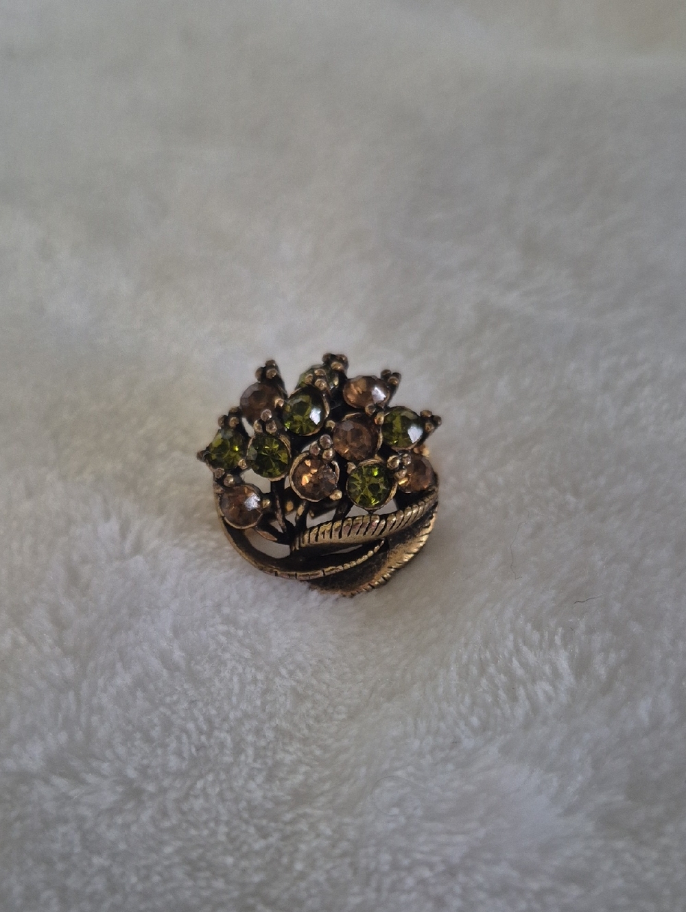 Vintage Floral Cluster Brooch with Green and Champagne Stones